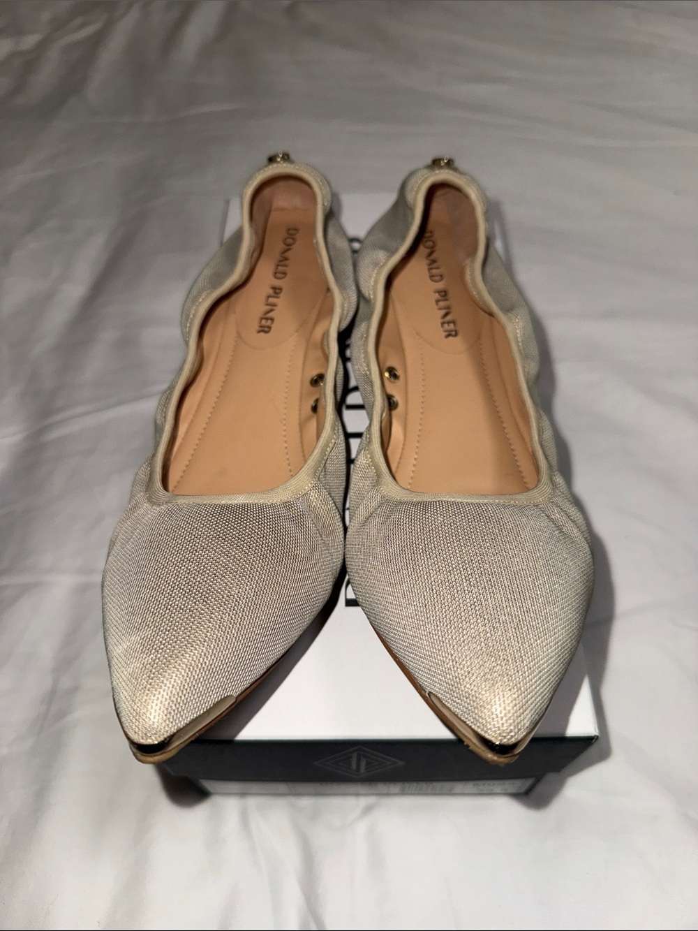 Donald J. Pliner Women's Pointed Slip-On Flats in Light Gold stretch mesh. S 9,5